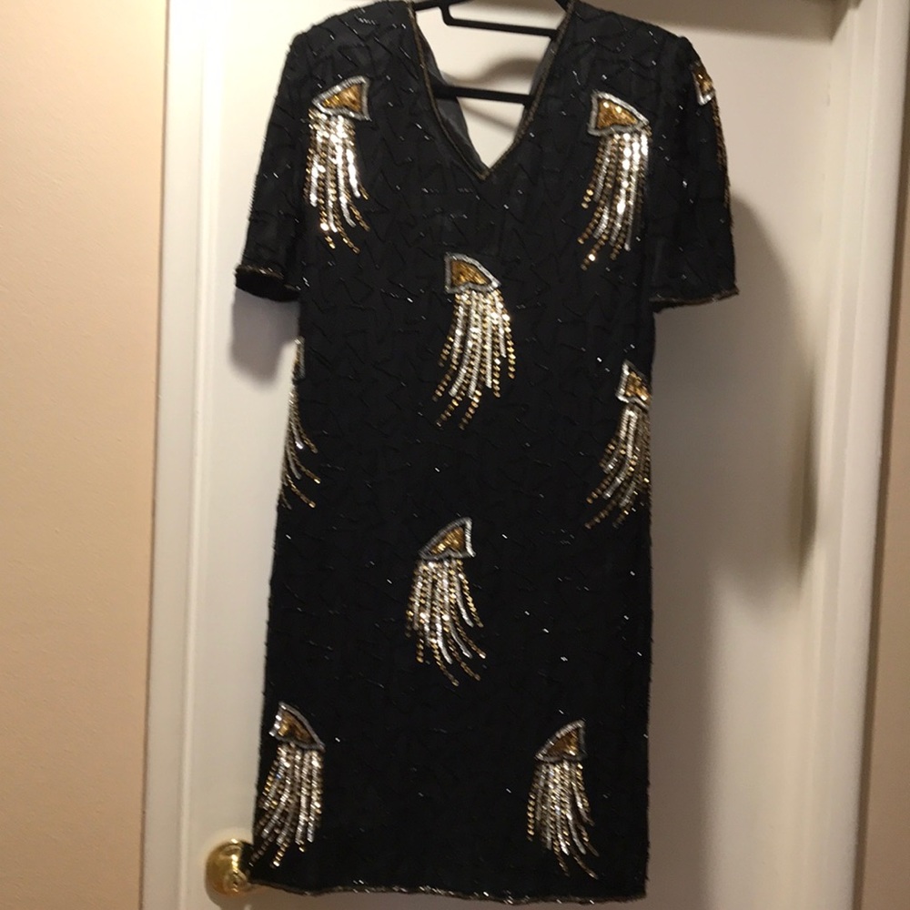 VINTAGE BEADED SILK DRESS beautiful detail hand do
